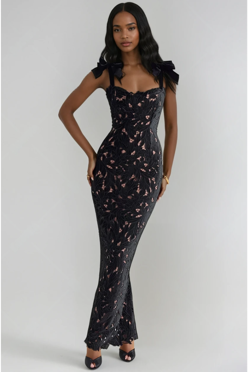 Iris Bow Strap Gown – Midnight Bloom