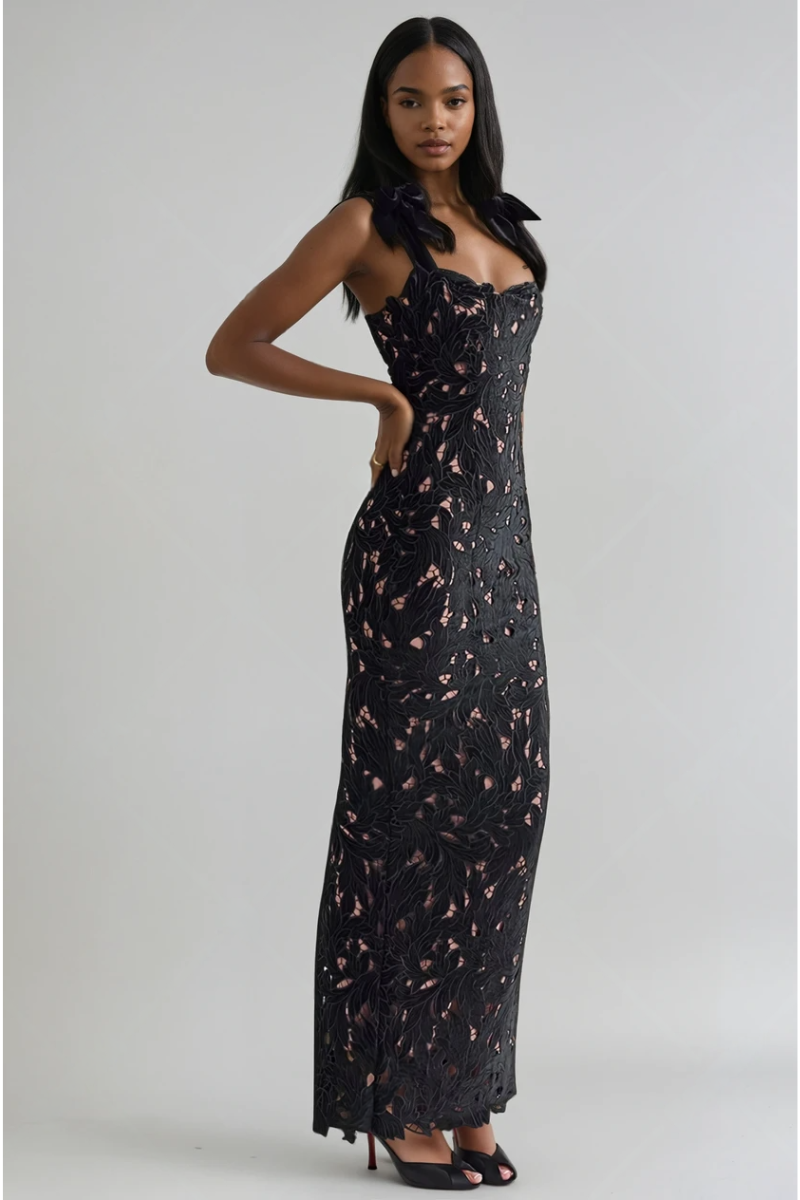 Iris Bow Strap Gown – Midnight Bloom