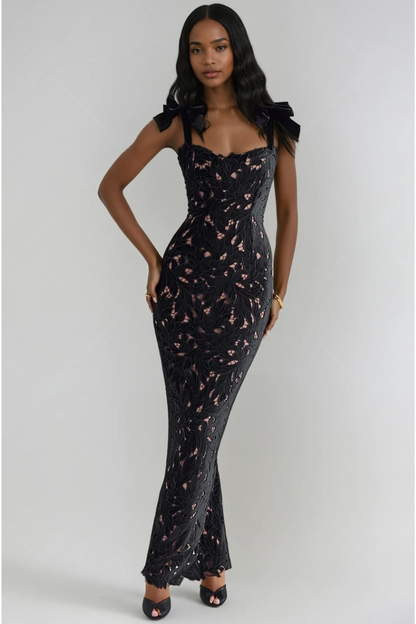 Iris Bow Strap Gown – Midnight Bloom