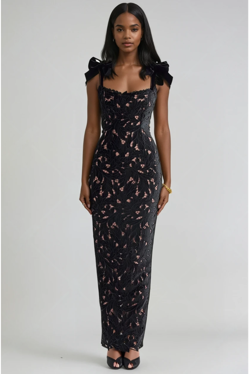 Iris Bow Strap Gown – Midnight Bloom