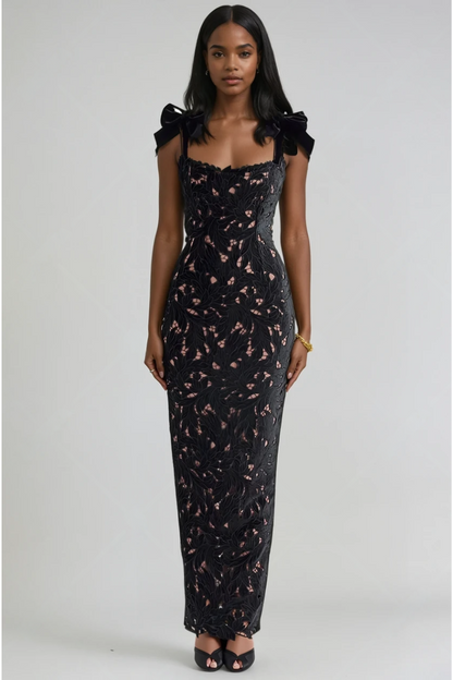 Iris Bow Strap Gown – Midnight Bloom