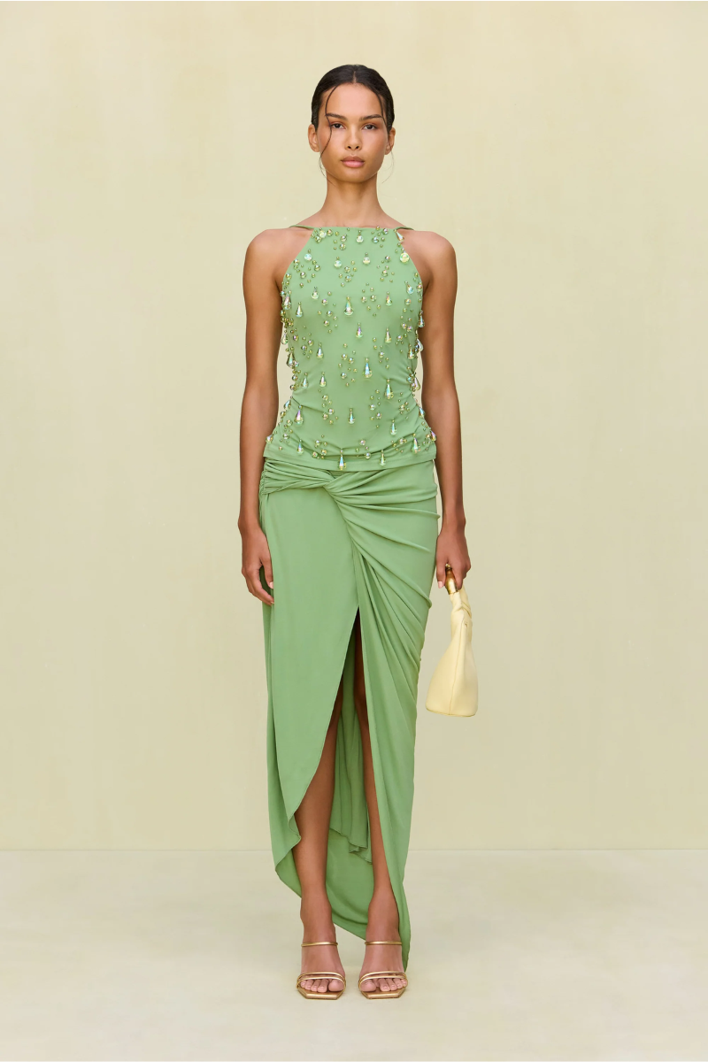 Dewdrop Embellished Dress – Sage Green