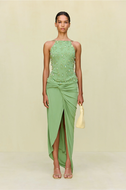 Dewdrop Embellished Dress – Sage Green