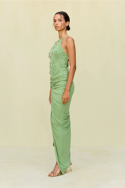 Dewdrop Embellished Dress – Sage Green